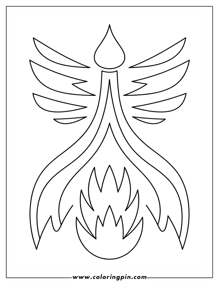 Line art of an abstract, symmetrical design with a stylized flame and wings, topped by a teardrop shape.