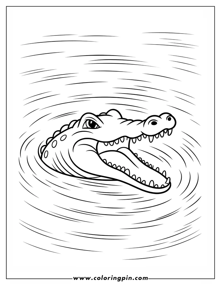 Line drawing of an alligator in water, mouth open and teeth showing. Its back and part of the snout are above water.