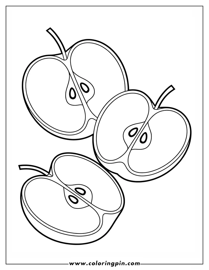 Outline of three apple slices showing the cores and seeds.