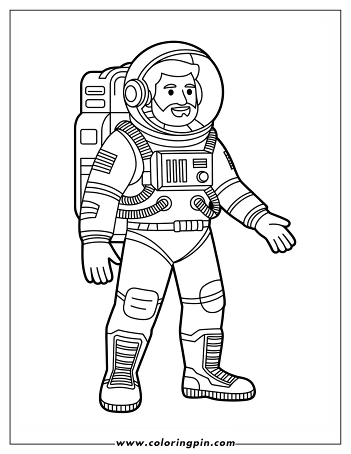 Line art of an astronaut in a spacesuit, wearing a helmet and backpack.
