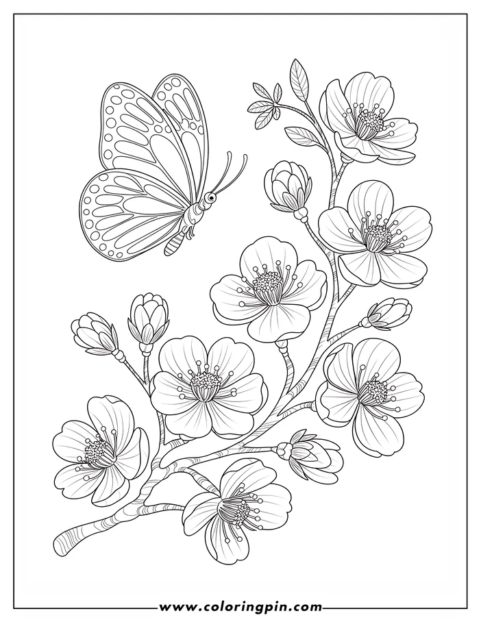 Line art of a butterfly with patterned wings near a branch of cherry blossoms. The butterfly hovers to the side, while the branch features several open flowers and closed buds. Design is suitable for a coloring page.