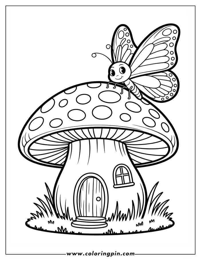 Whimsical line art of a butterfly perched atop a mushroom house with a door and window, surrounded by grass. This drawing is a coloring sheet design, perfect for adding vibrant colors.