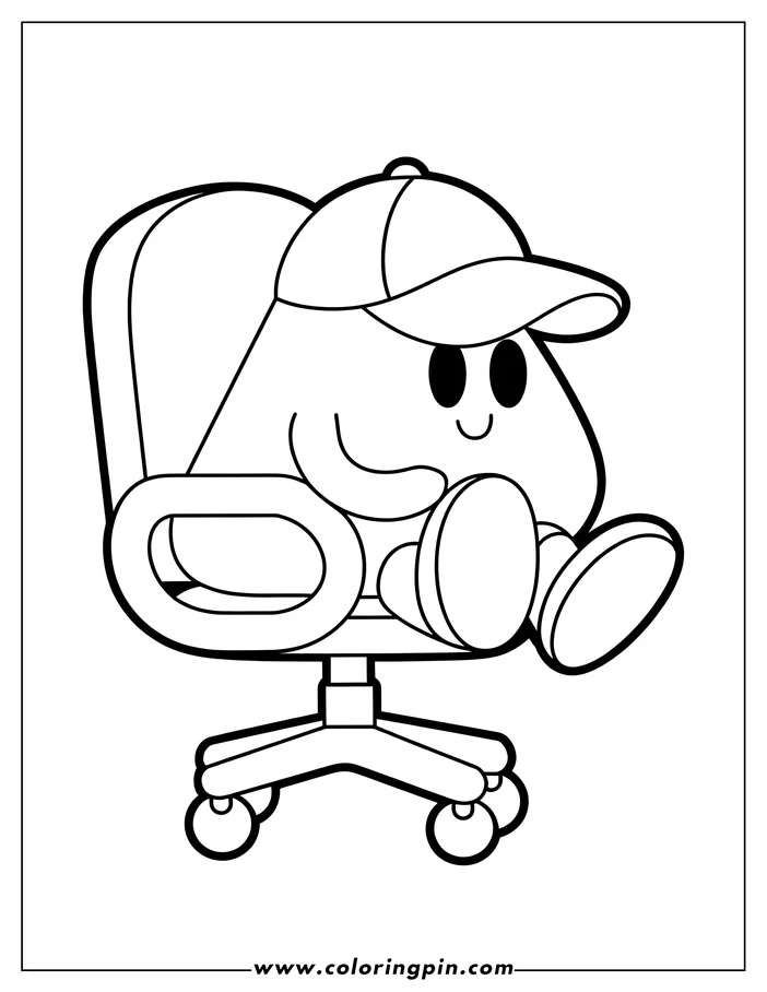 Outline of a cartoon character sitting in an office chair. They are wearing a baseball cap and have a simple, friendly expression.