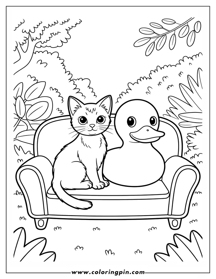 Line art of a cat and a rubber duck sitting on a sofa. The scene is set outdoors, with trees and bushes in the background. This is a coloring sheet design.