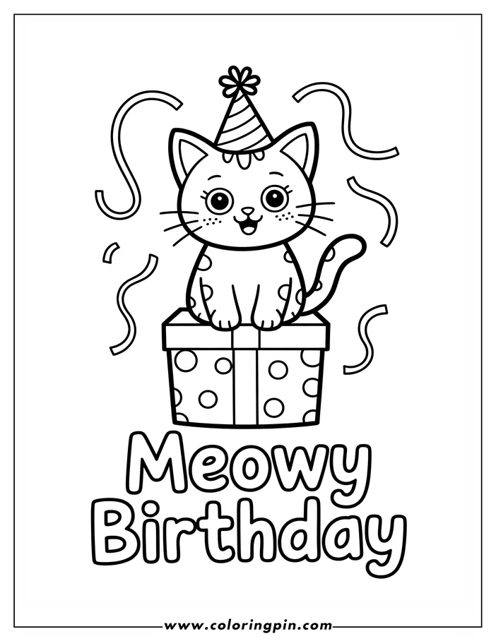 Line art of a cat wearing a party hat, sitting on top of a polka-dotted birthday present with curling ribbon around it, designed as a coloring sheet. The words 'Meowy Birthday' are written below.