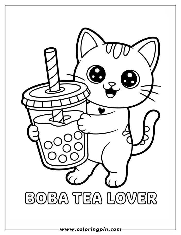 Line art of a kawaii-style cat holding a large cup of boba tea. The cat has large expressive eyes, striped markings, and a small heart on its chest.  The boba cup has a lid and striped straw. This is a design for a children's coloring page.