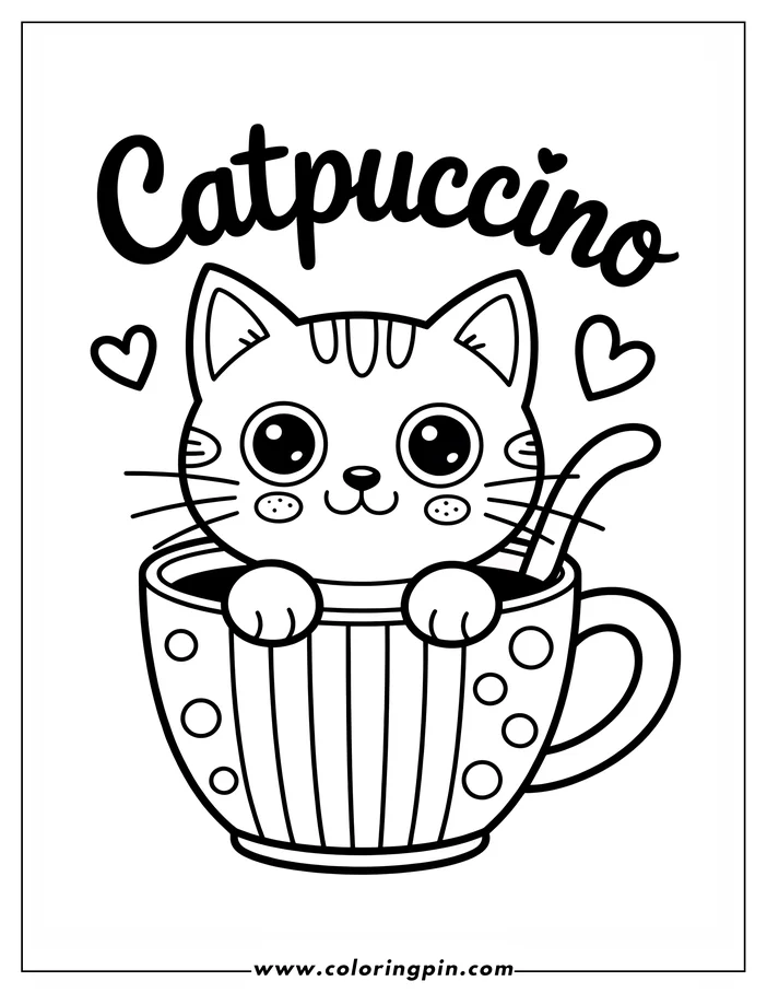 Simple line art of a cute cat sitting in a large cup, designed as a coloring sheet. The cat has large eyes, a simple smile, and its tail curls up over the cup's rim.  The cup is decorated with vertical lines and circles. Two small hearts are visible above. Ready for coloring!