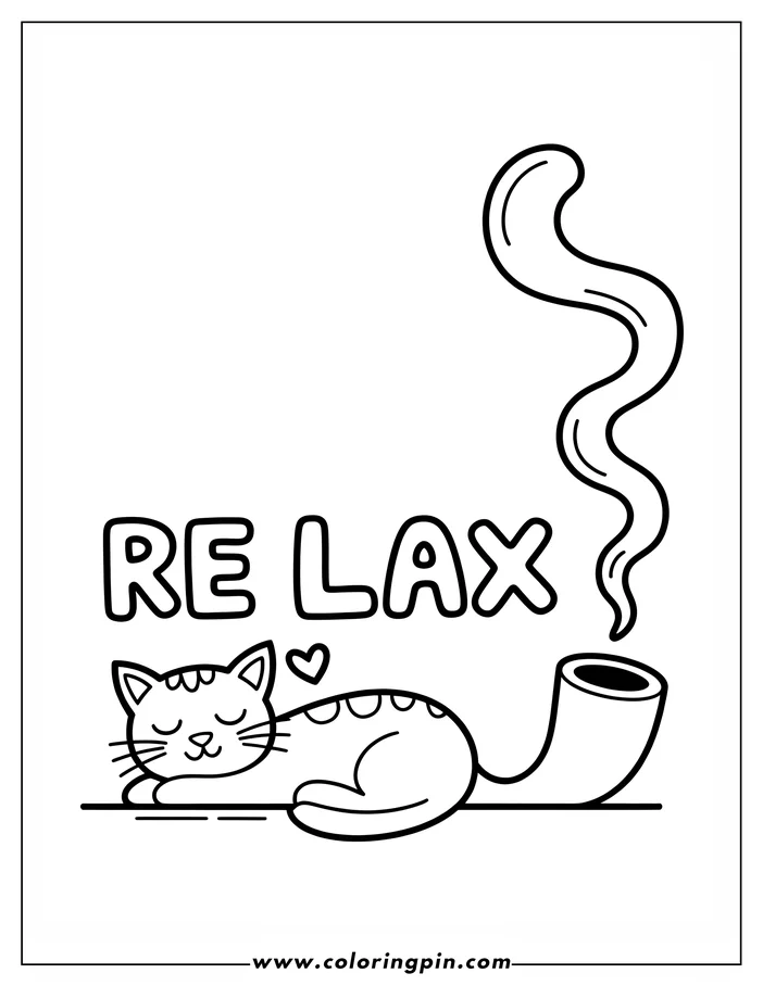 Line art of a cat relaxing next to a pipe with smoke curling upwards. The word "RELAX" is written above the cat. This coloring sheet design features a simple, cartoon style, perfect for kids and adults.