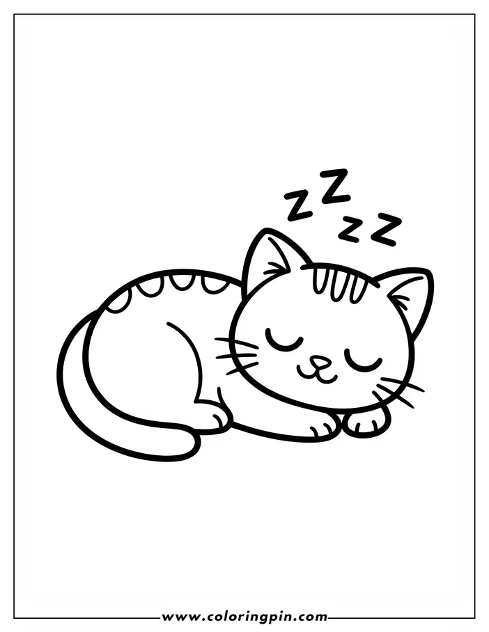 Simple line art of a sleeping cat, curled up with closed eyes and striped markings, designed as a coloring sheet.