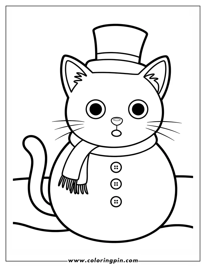 Simple, cartoon-style line art of a cat dressed as a snowman, wearing a top hat and scarf. It has large eyes and two buttons on its body. Perfect for a winter coloring page activity.