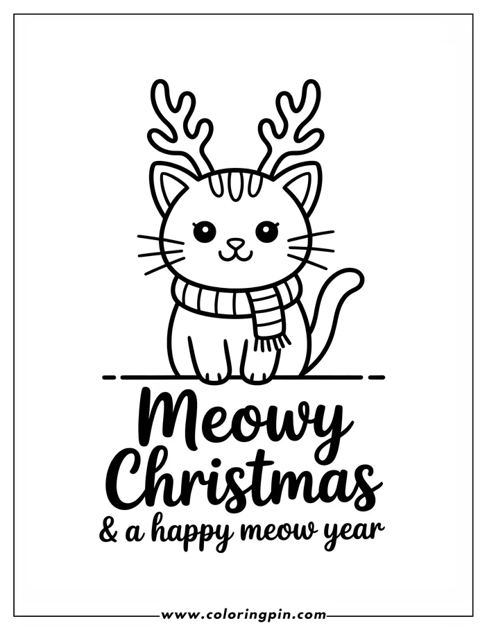Simple line art of a cat wearing a striped scarf and reindeer antlers, designed as a coloring sheet. The cat has large, expressive eyes and a content expression. Perfect for a festive coloring activity.