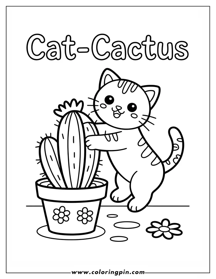 Line art of a cartoon cat with striped markings interacting with a potted cactus.  The cat has a cheerful expression and two simple flowers are visible on the ground near the pot, which is decorated with flowers. This is a design for a coloring sheet.