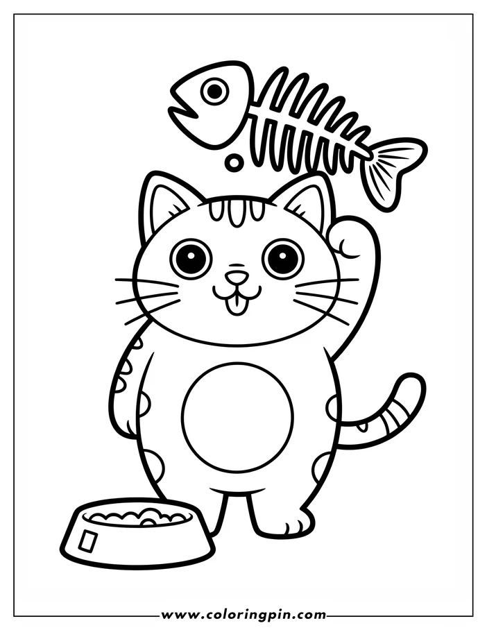 Line art of a cartoon cat with spots and a striped tail, looking up at a fish skeleton with its tongue sticking out. A bowl of cat food sits beside it. This is a drawing designed for a coloring page.
