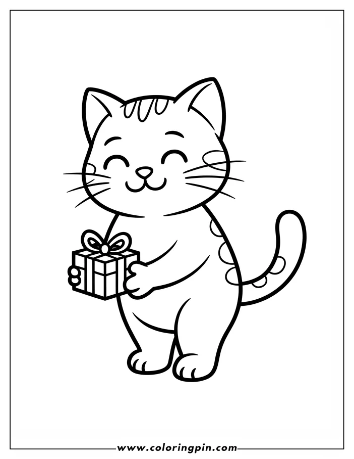 Simple line art drawing of a cat holding a gift, designed as a coloring page. The cat has stripes on its head and spots on its body. It is smiling with closed eyes.
