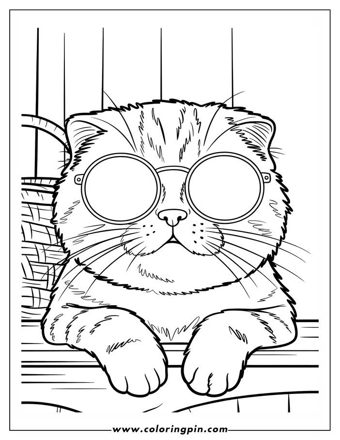 Line art of a cat wearing large, round glasses. The cat has folded ears and is looking forward with a curious expression. Its paws rest on a surface, and a woven basket is visible in the background. This is a coloring sheet design.
