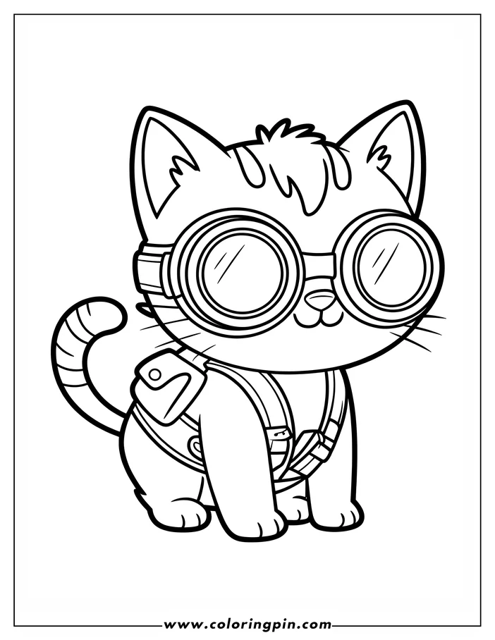 Line art of a cat wearing large, round goggles and a harness. The cat has a striped tail and some fur on its head. It's a simple, cartoon-style drawing for a coloring page.