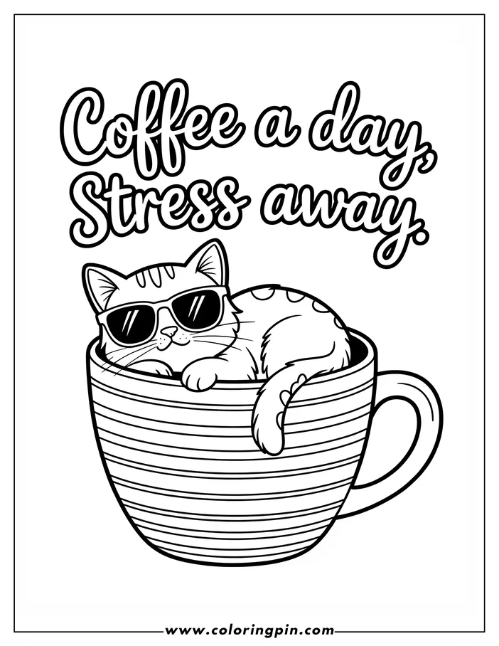 Line art of a cat wearing sunglasses, relaxing inside a large, striped coffee cup. The cat appears content, and its tail drapes over the cup's edge.  A simple, fun coloring sheet design.