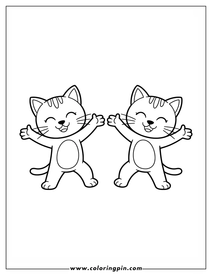 Simple line art of two cartoon cats with open arms, ready for a hug. They have smiling faces and striped tails, designed as a children's coloring page.