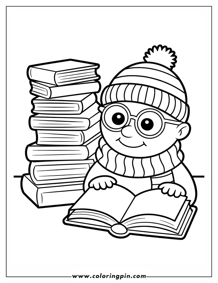 Outline of a child wearing a winter hat and scarf, reading an open book. A stack of other books rests beside them.