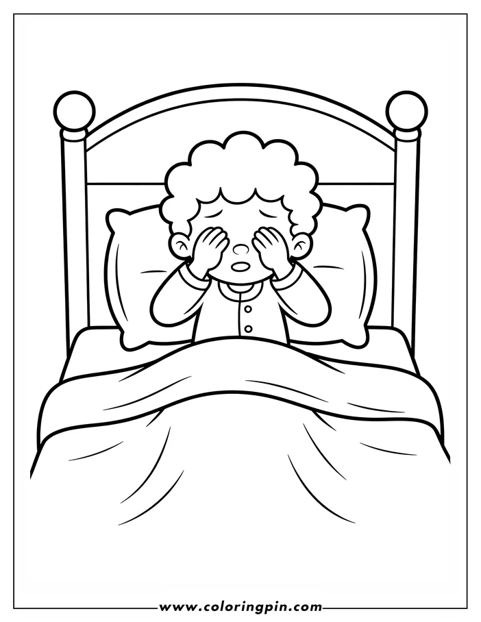 Outline of a child waking up in bed, rubbing their eyes. They have curly hair and are tucked under a blanket.
