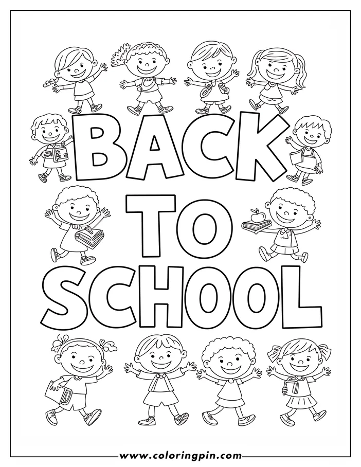 Line art of happy children around the words 'Back to School', ready for a new school year.