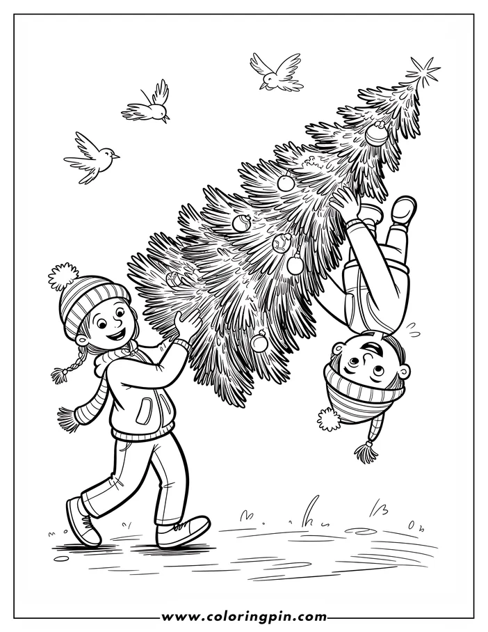 Line art of two children, a girl and a boy wearing winter hats, carrying a decorated Christmas tree. Birds are flying overhead, and the ground is lightly covered in snow. This is a coloring sheet design.