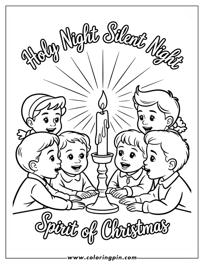 Line art of six children singing around a candle on a table, with the words 'Holy Night Silent Night' and 'Spirit of Christmas'