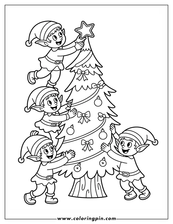 Line art of three Christmas elves decorating a Christmas tree. One elf places a star on top while others hang ornaments and ribbons. A festive coloring sheet design.