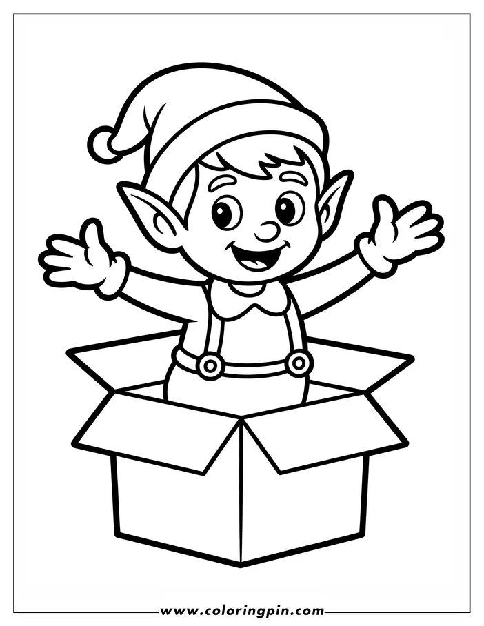 Line art of a Christmas elf popping out of a cardboard box. The elf wears a pointed hat and overalls. The design is simple and cheerful, ready for coloring.