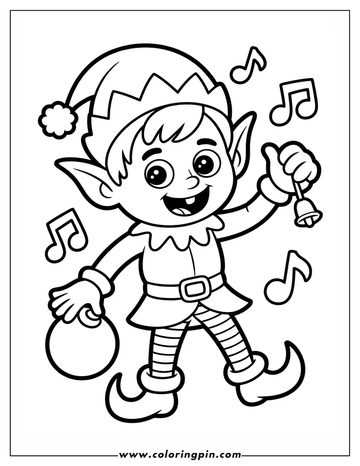 Line art of a Christmas elf ringing a bell. The elf is smiling and wearing a traditional outfit with a pointed hat, tunic, and striped stockings. They are also holding a round ornament. Musical notes float around them. This image is designed as a coloring page.