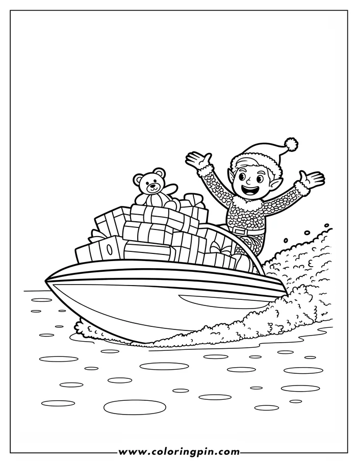 Line art of a Christmas elf riding a speedboat loaded with gifts. The elf wears a pointed hat and a textured outfit, their arms raised with joy.  A teddy bear perches on top of the presents.  The speedboat leaves a wake in the water, creating a dynamic scene ready for coloring.