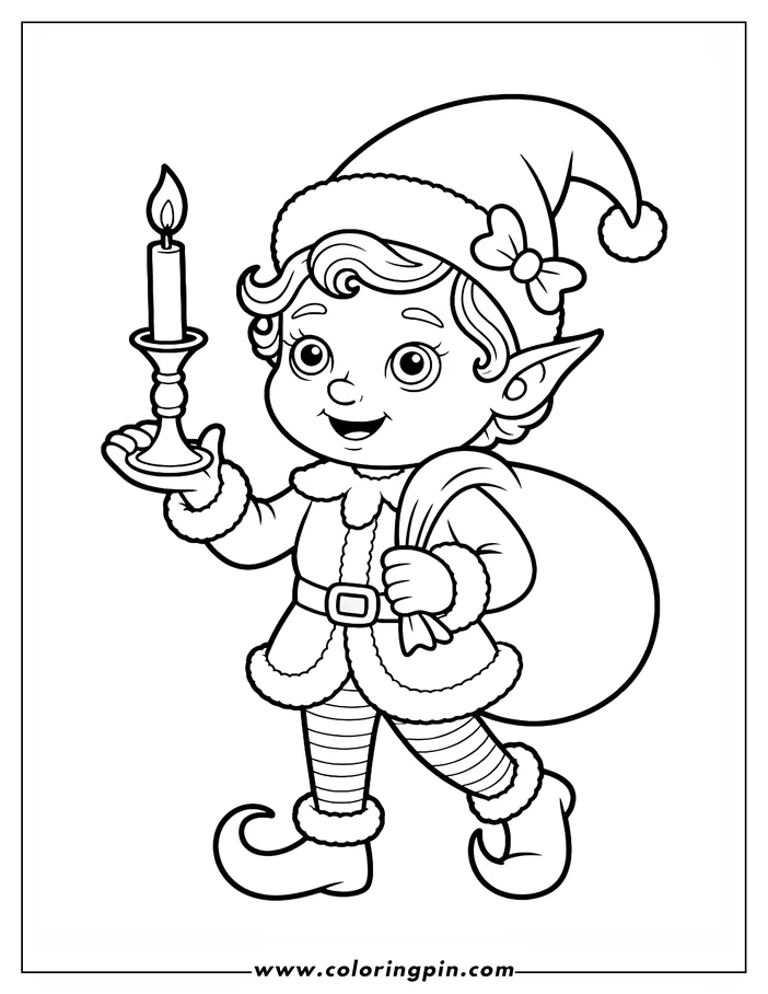 Line art of a Christmas elf holding a lit candle and a sack. The elf wears a hat with a bow, a festive outfit with fur trim, and curled-toe shoes. A simple drawing designed for coloring.