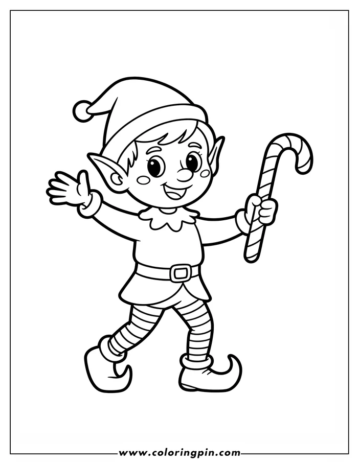 Line art of a Christmas elf holding a candy cane. The elf is wearing a pointed hat, tunic and belt, striped leggings, and curled shoes. It has large eyes and pointy ears. This coloring sheet design is ready to be colored.