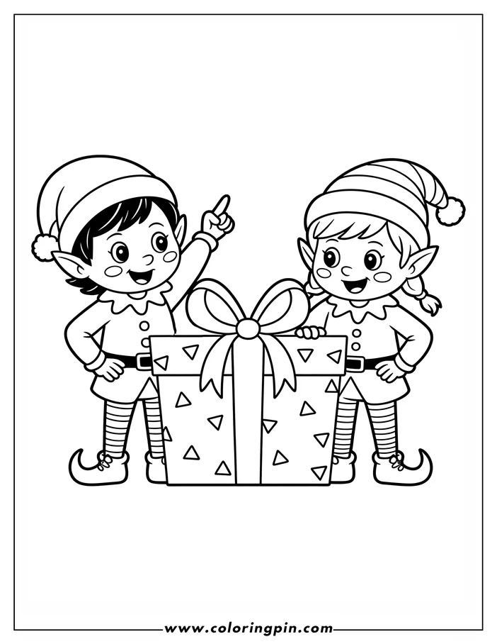 Line art of two Christmas elves with a large present. One elf points upwards, while the other smiles. The present is decorated with triangles and a bow. This is a coloring sheet design.