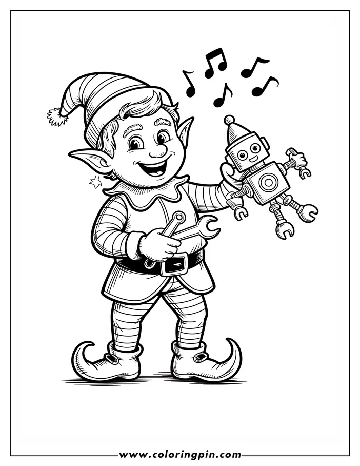 Line art of a Christmas elf holding a small robot toy. Musical notes float above, suggesting a cheerful scene. The elf's outfit features a striped hat and curled-toe shoes. Tools are held in one hand, indicating a playful maker theme. This design is a coloring sheet ready for kids to add their own festive colors.