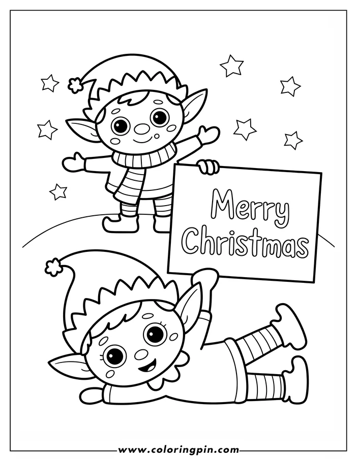 Line art of two Christmas elves. One elf stands and holds a "Merry Christmas" sign, while the other elf lies down. Both wear hats and striped stockings, a simple design ready for coloring.