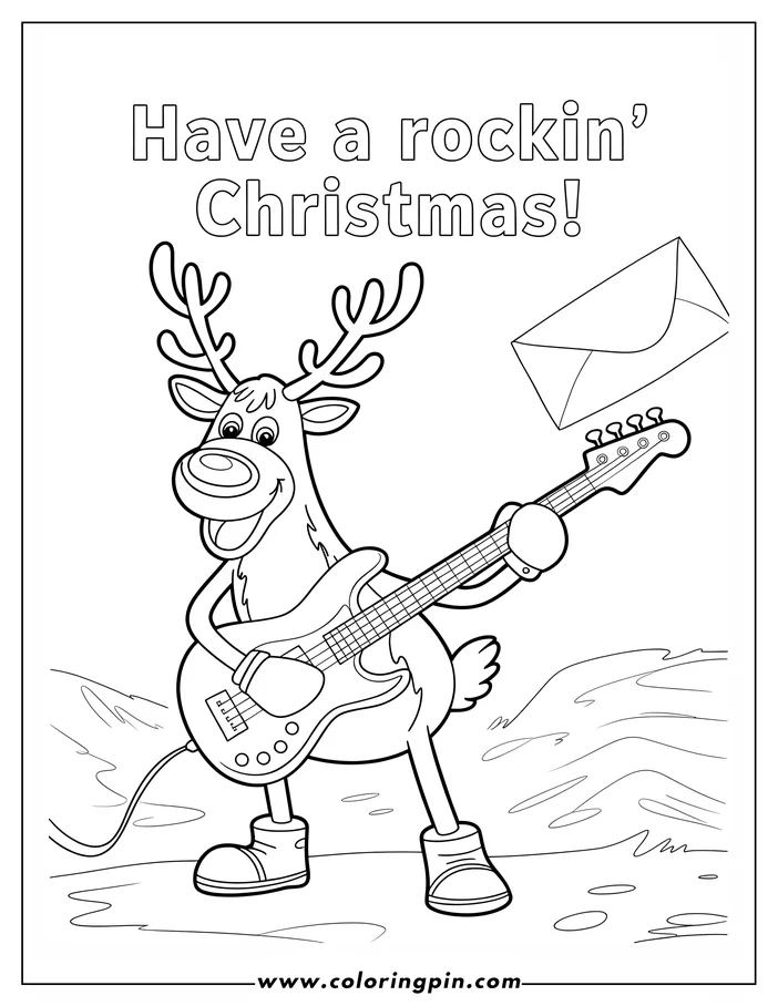 Line art of a Christmas reindeer playing an electric guitar. The reindeer is wearing boots and there's an envelope in the background. This is a coloring page design.