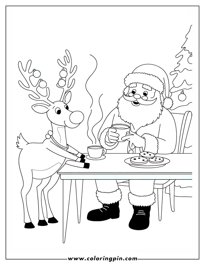 Line art of a Christmas reindeer and Santa Claus enjoying hot cocoa together at a table. The reindeer has ornaments on its antlers, and Santa is wearing his classic suit and hat. A plate of cookies and a Christmas tree are also part of the scene, ready for coloring.