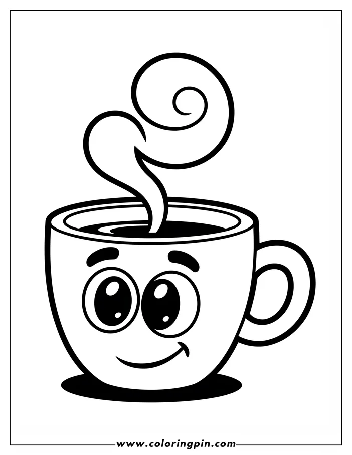 Line art of a cartoon coffee cup with a smiling face and steam rising from it.