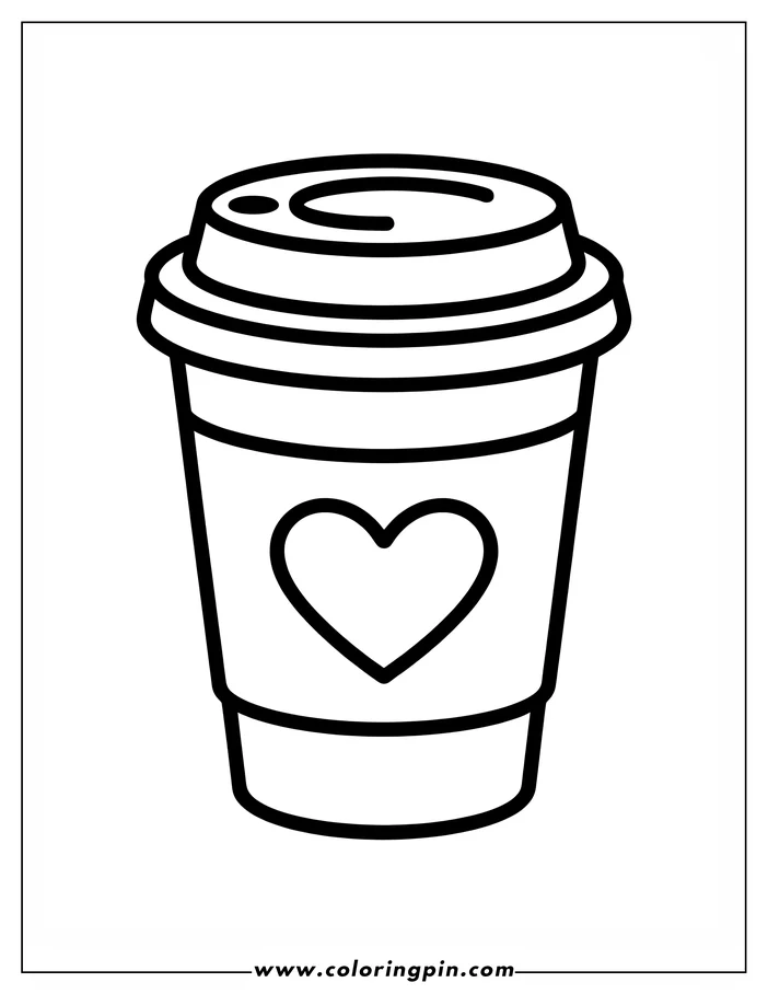 Line art of a to-go coffee cup with a heart on it.