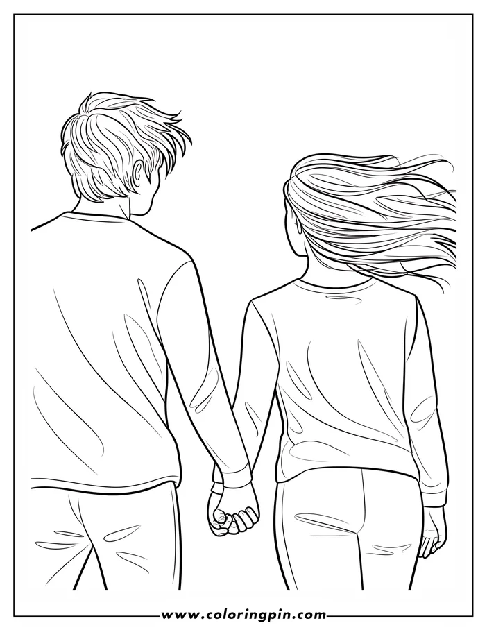 Outline of a young couple holding hands and walking away from the viewer. The girl has long, windblown hair.