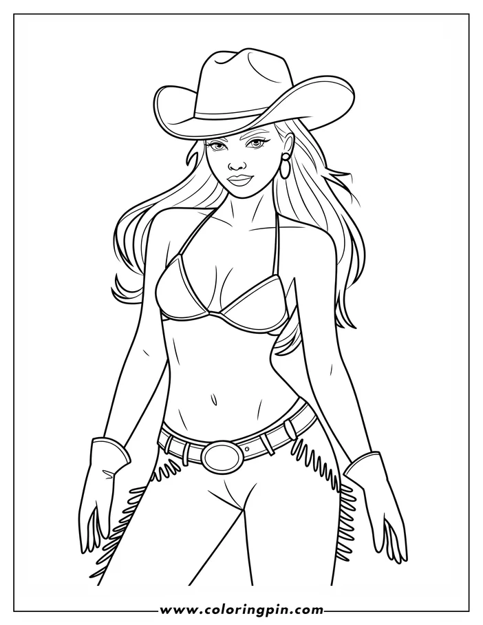 Line art of a cowgirl wearing a cowboy hat, bikini top, gloves, jeans, and belt with a large buckle.
