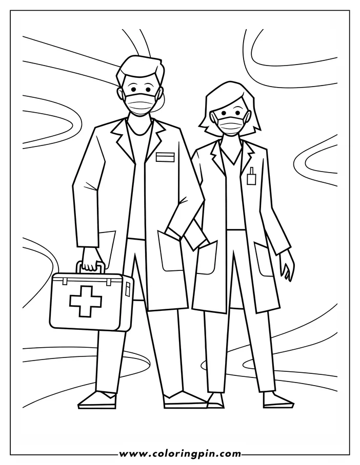 Two doctors wearing masks, one holding a medical kit.
