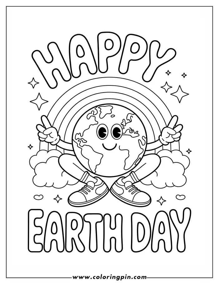 A simple, cheerful line drawing of Earth for coloring. Earth is shown with arms, legs, and sneakers, sitting on a cloud and giving a peace sign under a rainbow. The design celebrates Earth Day with the words 'Happy Earth Day' written above and below the outlined Earth image.