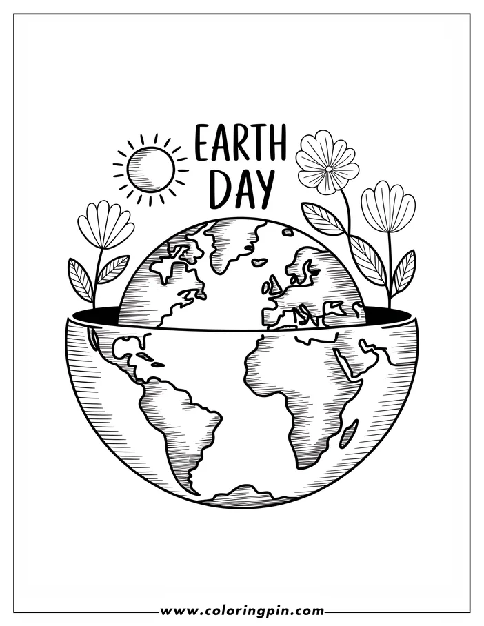 Line art of the Earth for Earth Day with simple flowers and leaves growing around it and a sun overhead. Ready for coloring.
