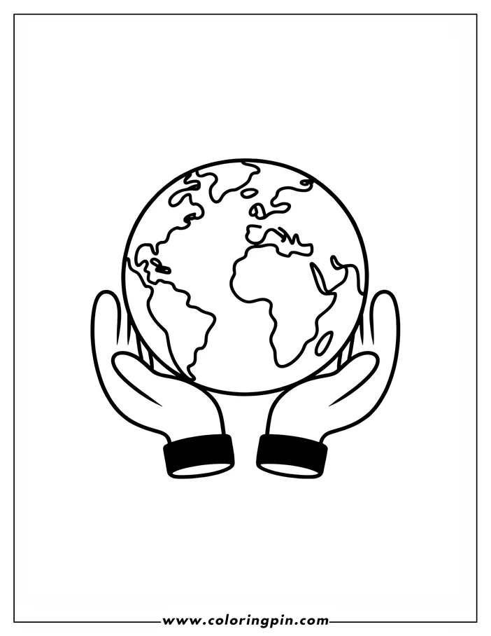Line art for an Earth Day coloring page. Two hands gently cradle a globe with the continents outlined. This image promotes environmental awareness.