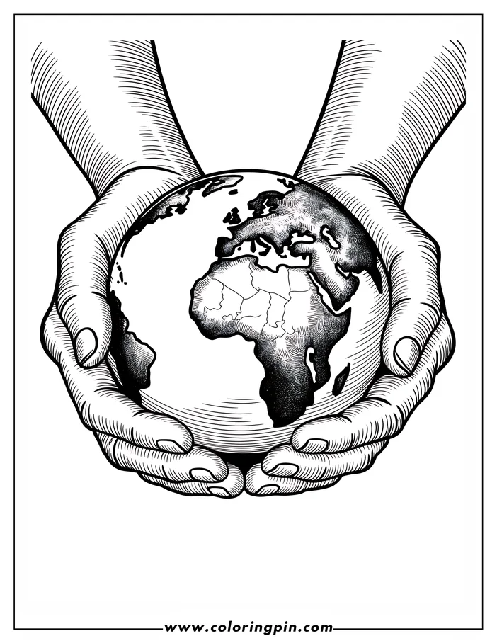 Line art for an Earth Day coloring page depicting the world held in two cupped hands. The continents are outlined, ready to be colored, symbolizing care for the planet.
