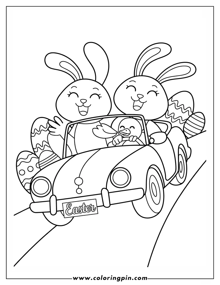 A cheerful coloring page depicting two Easter bunnies and a chick in a car. The car is adorned with Easter eggs. The bunnies look excited, and the chick is diligently driving. The license plate says "Easter."