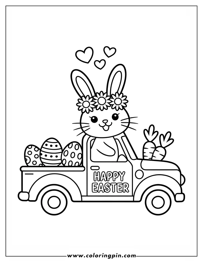 Line art of an Easter Bunny wearing a flower crown and driving a truck. The truck bed contains decorated Easter eggs and carrots. The words "Happy Easter" are written on the truck's door. Three hearts float above the bunny. This is a design for a coloring sheet.