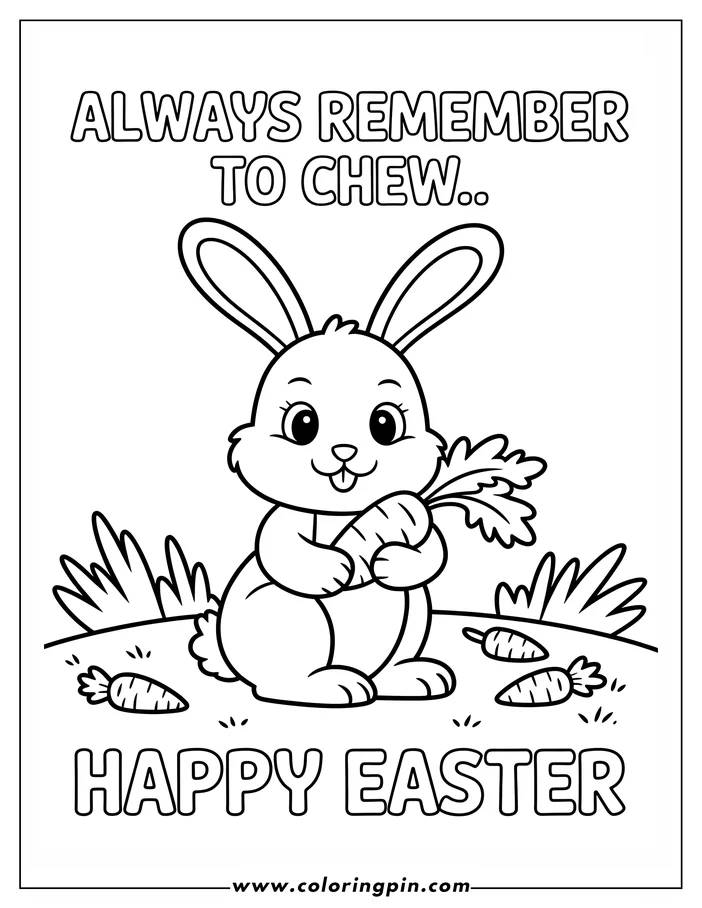 Line art of an Easter Bunny holding a large carrot. Two more carrots are on the ground at the bunny's feet.  The words 'Always Remember to Chew' and 'Happy Easter' are printed at the top and bottom respectively.  This is a design for a coloring sheet.